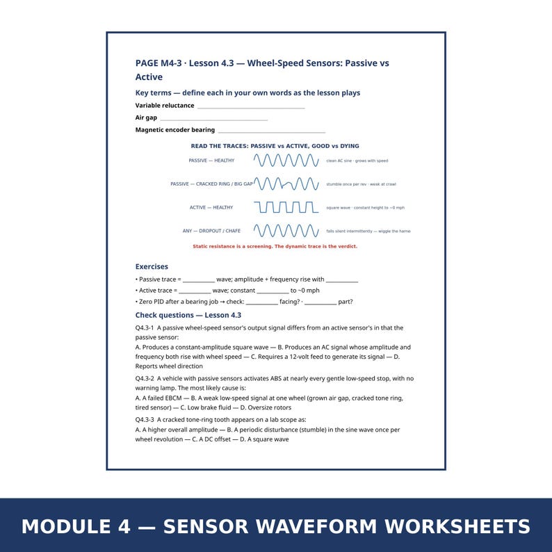K&ouml;nnte beinhalten: Ein gedrucktes Arbeitsblatt mit dem Titel PAGE M4-3 Lesson 4.3 Wheel-Speed Sensors: Passive vs Active. Es enth&auml;lt Fachbegriffe, visuelle Wellenform-Diagramme f&uuml;r funktionierende und defekte Sensoren, &Uuml;bungen sowie Multiple-Choice-Fragen.