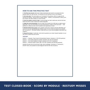 May include: A white document titled HOW TO USE THIS PRACTICE TEST with black text outlining six steps for ASE Brake Lab study, including module breakdowns for hydraulic, drum, disc, and electronic brake systems, ending with a dark blue footer.