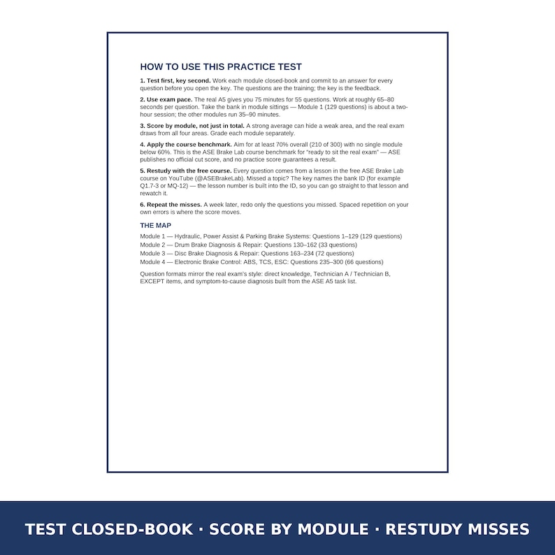 May include: A white document titled HOW TO USE THIS PRACTICE TEST with black text outlining six steps for ASE Brake Lab study, including module breakdowns for hydraulic, drum, disc, and electronic brake systems, ending with a dark blue footer.
