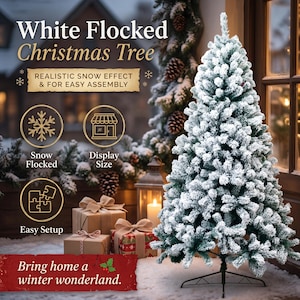 May include: A white flocked Christmas tree with green needles and a snow-covered appearance. Text includes White Flocked Christmas Tree, Realistic Snow Effect & For Easy Assembly, Snow Flocked, Display Size, Easy Setup, and Bring home a winter wonderland.