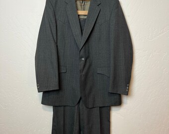 Vintage H Bar C Ranchwear Hi-Sierra Pinstripe Western Suit, Charcoal, Yoke and Arrow Pockets, Made in USA, Men's 40