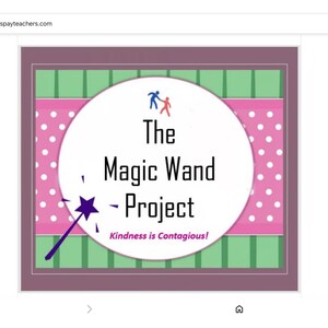 May include: A digital graphic featuring a white circle centered on a pink background with white polka dots and green vertical stripes. The text reads The Magic Wand Project and Kindness is Contagious, with a purple star-tipped wand icon.
