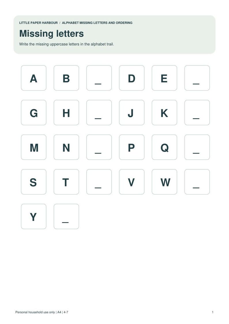 Alphabet Worksheets for Kids, Missing Letters and Ordering, 4-page ...