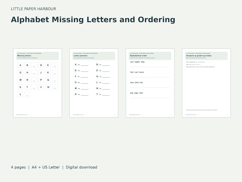 Alphabet Worksheets for Kids, Missing Letters and Ordering, 4-page ...
