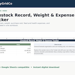 Pode incluir: Uma planilha digital intitulada Livestock Record, Weight & Expense Tracker da ReadyGridCo. A interface exibe colunas para KPI, Value e How to use, com dados de exemplo para animais, peso total e custos de investimento.