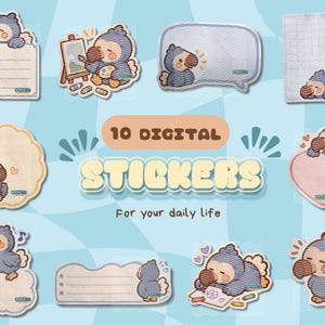Könnte beinhalten: Ein Set aus 10 digitalen Stickern mit einem blauen Dodo-Vogel in verschiedenen Posen, darunter beim Schreiben auf Notizblöcken, Malen und Schlafen. Der Text 10 DIGITAL STICKERS For your daily life ist mittig platziert.