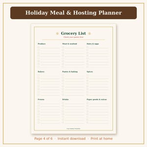 Pu&ograve; includere: Una lista della spesa stampabile Holiday Meal & Hosting Planner su una pagina color crema con un'intestazione marrone scuro. L'elenco &egrave; organizzato in nove categorie tra cui prodotti freschi, carne, frutti di mare, latticini, uova, panetteria, dispensa, spezie, surgelati, bevande e articoli di carta.