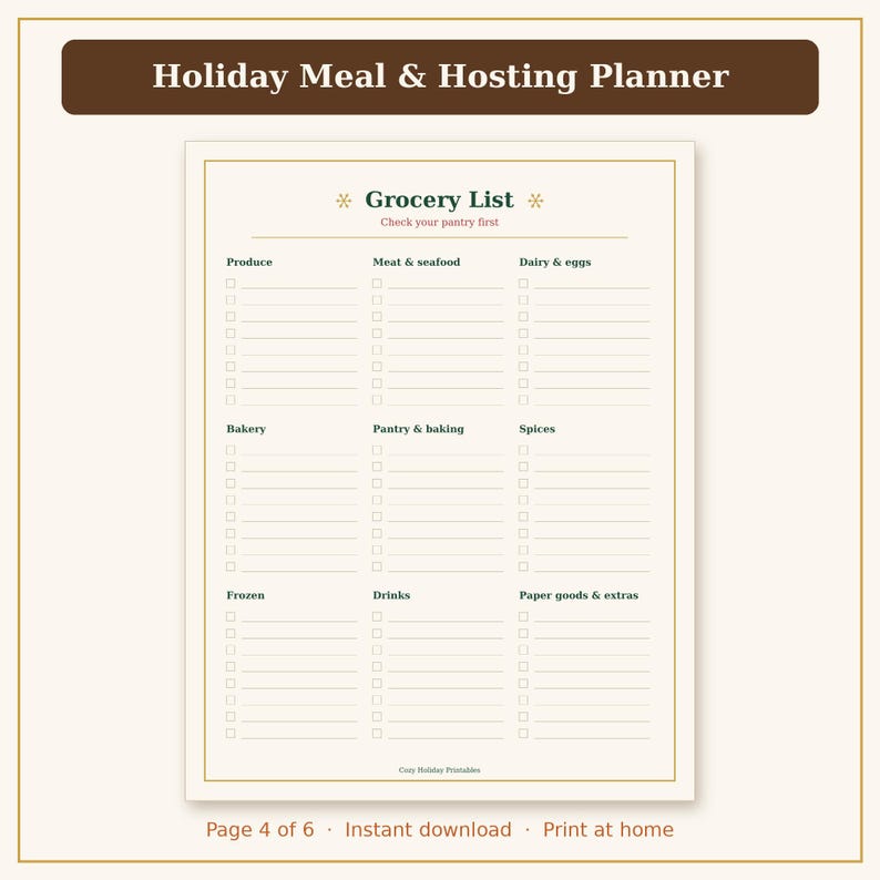 Pu&ograve; includere: Una lista della spesa stampabile Holiday Meal & Hosting Planner su una pagina color crema con un'intestazione marrone scuro. L'elenco &egrave; organizzato in nove categorie tra cui prodotti freschi, carne, frutti di mare, latticini, uova, panetteria, dispensa, spezie, surgelati, bevande e articoli di carta.
