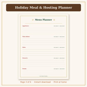 Pu&ograve; includere: Una pagina di un pianificatore per pasti e ospitalit&agrave; festiva con una sezione Menu Planner che include categorie per Appetizers, Main dishes, Sides, Desserts e Drinks. Ogni sezione include righe per scrivere e colonne etichettate Who Makes It e Make Ahead.