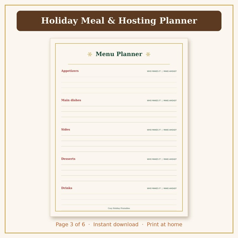 Pu&ograve; includere: Una pagina di un pianificatore per pasti e ospitalit&agrave; festiva con una sezione Menu Planner che include categorie per Appetizers, Main dishes, Sides, Desserts e Drinks. Ogni sezione include righe per scrivere e colonne etichettate Who Makes It e Make Ahead.