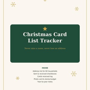 May include: A printable Christmas Card List Tracker document with a dark green central panel, gold star accents, and snowflakes. Text includes: Christmas Card List Tracker, Never miss a name, never lose an address, and a list of features.