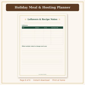 Pu&ograve; includere: Una pagina di pianificatore stampabile intitolata Holiday Meal & Hosting Planner con una sezione per Leftovers & Recipe Notes. Include una tabella con colonne per Dish, Stored in, Use by, Sent home with e righe per note su cosa ha funzionato.