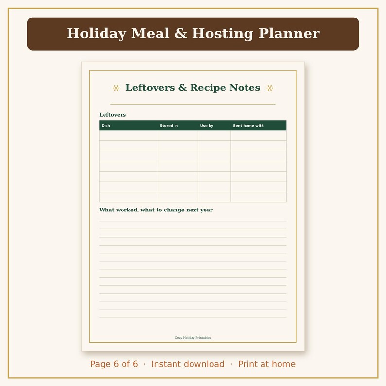 Pu&ograve; includere: Una pagina di pianificatore stampabile intitolata Holiday Meal & Hosting Planner con una sezione per Leftovers & Recipe Notes. Include una tabella con colonne per Dish, Stored in, Use by, Sent home with e righe per note su cosa ha funzionato.