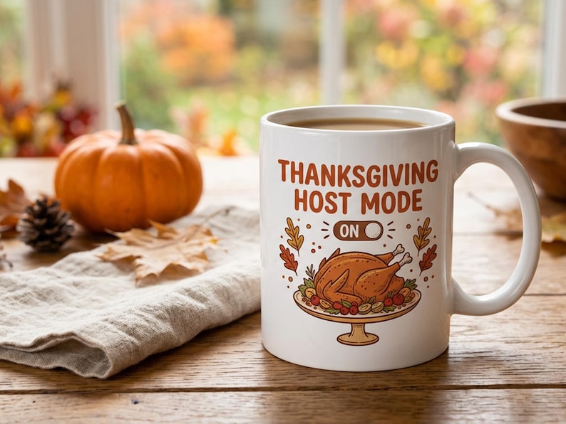 May include: A white ceramic mug featuring the text THANKSGIVING HOST MODE ON with a toggle switch graphic and an illustration of a roasted turkey on a platter surrounded by colorful autumn leaves in shades of orange, red, and brown.