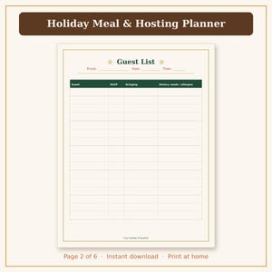 Pu&ograve; includere: Una pagina di un pianificatore per pasti e ospitalit&agrave; festiva con un modello di lista degli ospiti. Il documento include campi per evento, data, ora e una tabella con colonne per nome dell'ospite, RSVP, cosa porta e allergie alimentari.