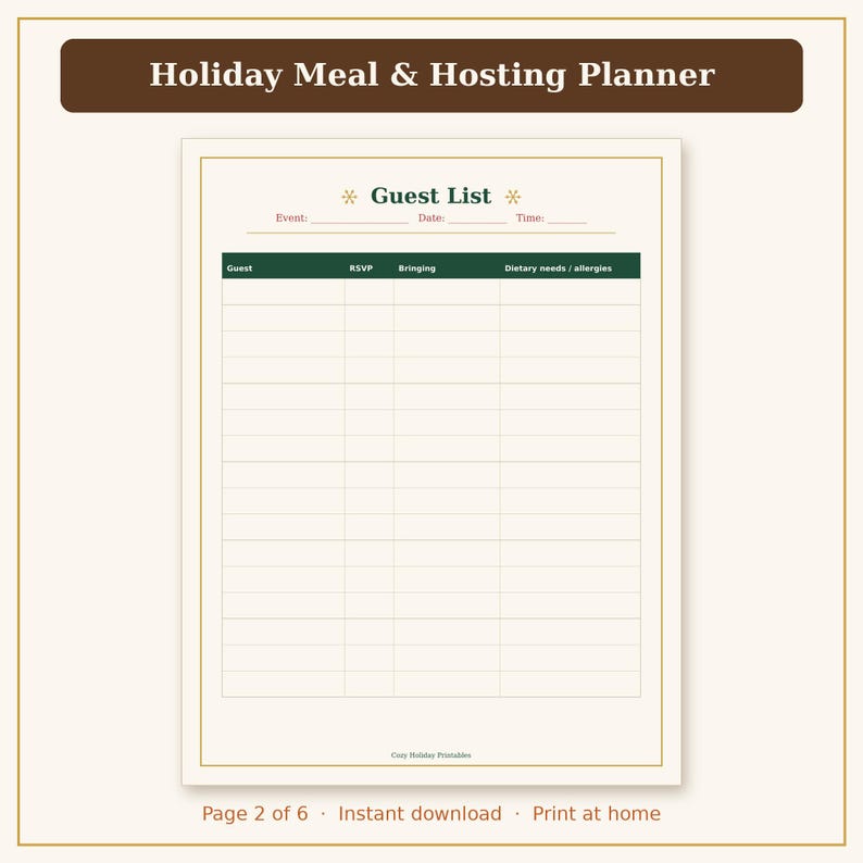 Pu&ograve; includere: Una pagina di un pianificatore per pasti e ospitalit&agrave; festiva con un modello di lista degli ospiti. Il documento include campi per evento, data, ora e una tabella con colonne per nome dell'ospite, RSVP, cosa porta e allergie alimentari.