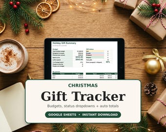 Foglio di calcolo per tenere traccia dei regali di Natale, pianificatore del budget natalizio su Google Sheets, modello per la lista dei regali per le feste