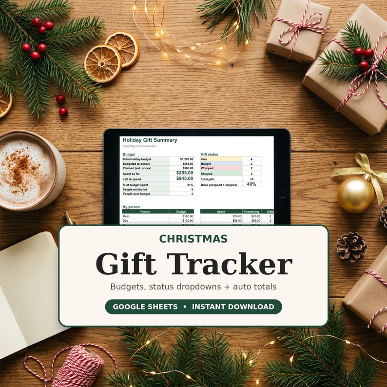 Może przedstawiać: Cyfrowy tablet wyświetlający arkusz kalkulacyjny Holiday Gift Summary, z nałożonym polem tekstowym CHRISTMAS Gift Tracker, Budgets, status dropdowns + auto totals, GOOGLE SHEETS, INSTANT DOWNLOAD na drewnianej powierzchni.