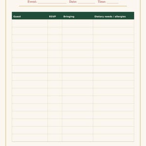 Pu&ograve; includere: Un modello di lista degli ospiti stampabile su carta color crema con bordo dorato. L'intestazione recita Guest List con icone di fiocchi di neve dorati. I campi includono Event, Date, Time e una tabella per Guest, RSVP, Bringing e Dietary needs / allergies.