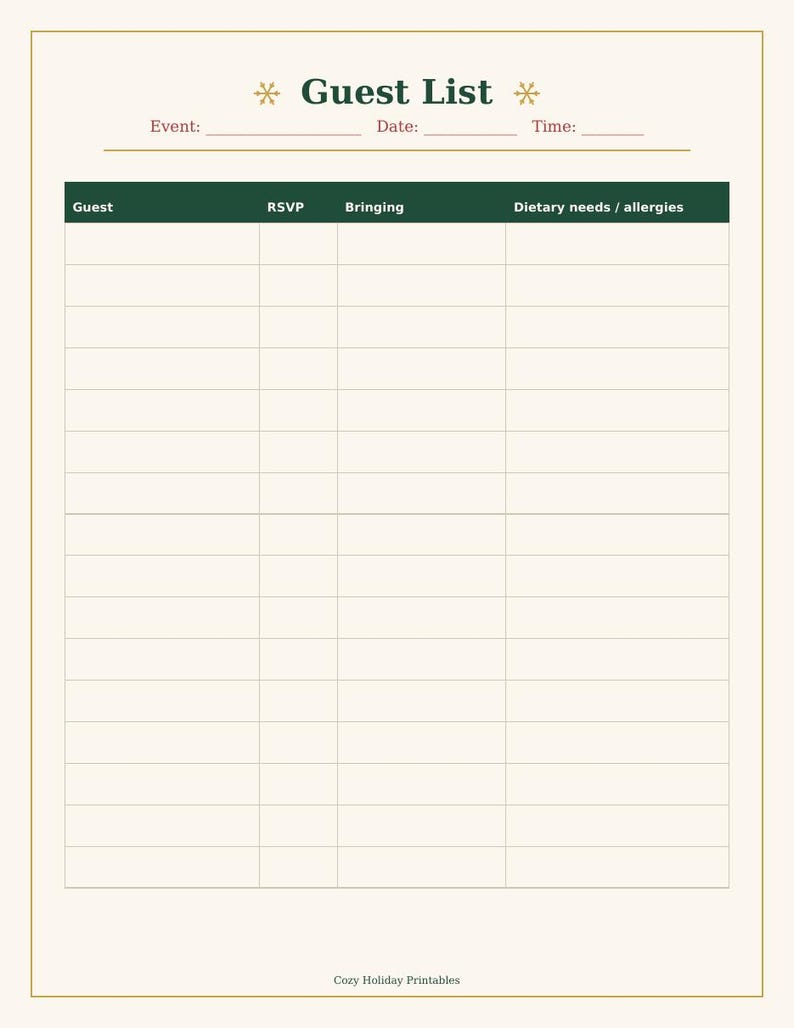 Pu&ograve; includere: Un modello di lista degli ospiti stampabile su carta color crema con bordo dorato. L'intestazione recita Guest List con icone di fiocchi di neve dorati. I campi includono Event, Date, Time e una tabella per Guest, RSVP, Bringing e Dietary needs / allergies.