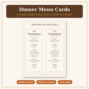 Puede incluir: Dos tarjetas de men&uacute; de cena de Acci&oacute;n de Gracias imprimibles en una hoja. Cada tarjeta presenta un borde dorado, iconos de hojas de oto&ntilde;o y secciones para los platos, con texto prellenado para una comida festiva.