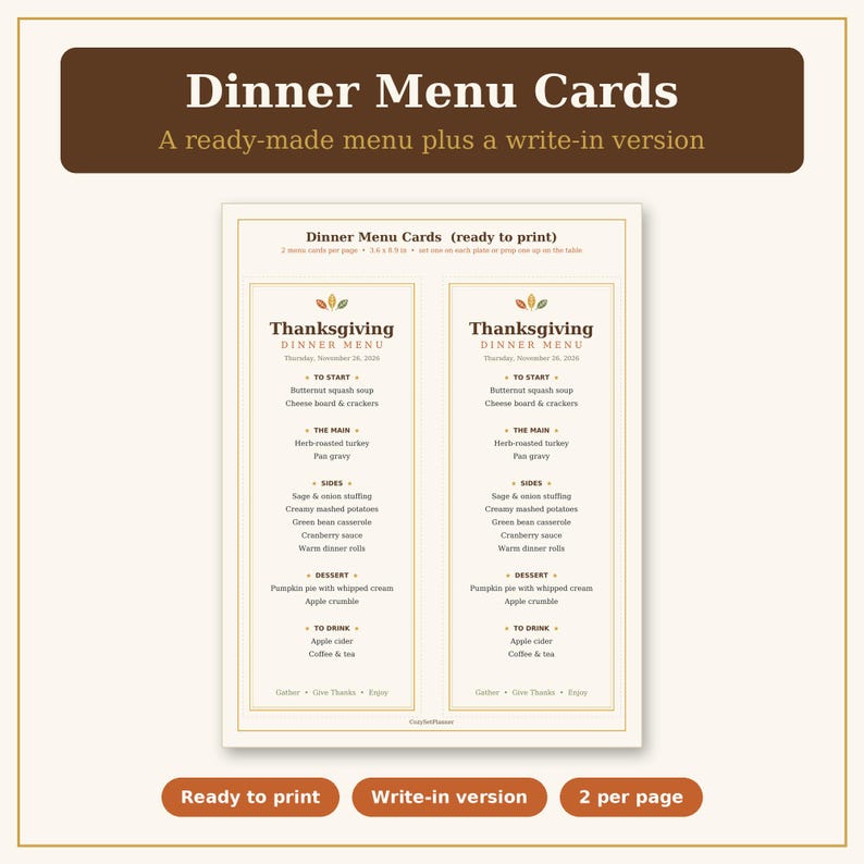 Puede incluir: Dos tarjetas de men&uacute; de cena de Acci&oacute;n de Gracias imprimibles en una hoja. Cada tarjeta presenta un borde dorado, iconos de hojas de oto&ntilde;o y secciones para los platos, con texto prellenado para una comida festiva.