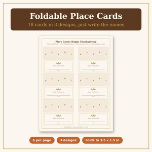 Puede incluir: Una hoja imprimible de tarjetas de lugar plegables con el texto Place Cards: Happy Thanksgiving. El dise&ntilde;o incluye peque&ntilde;as ilustraciones de hojas de oto&ntilde;o, l&iacute;neas para nombres de invitados e instrucciones. Cada tarjeta se pliega a 8,89 x 3,81 cm.