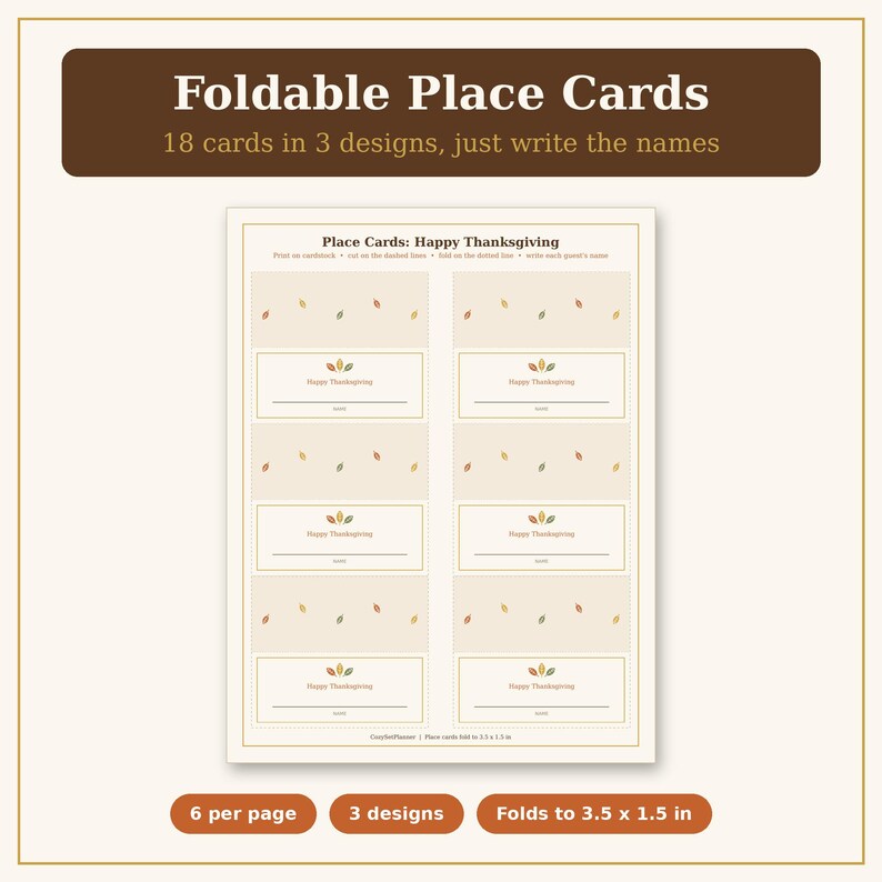 Puede incluir: Una hoja imprimible de tarjetas de lugar plegables con el texto Place Cards: Happy Thanksgiving. El dise&ntilde;o incluye peque&ntilde;as ilustraciones de hojas de oto&ntilde;o, l&iacute;neas para nombres de invitados e instrucciones. Cada tarjeta se pliega a 8,89 x 3,81 cm.