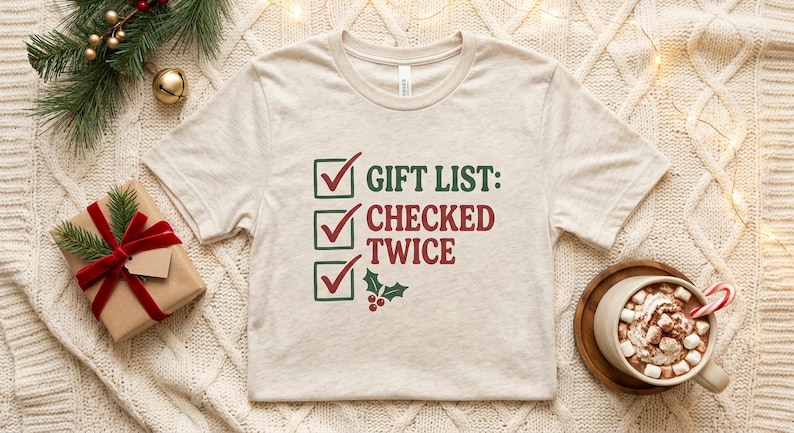 A lifestyle flat-lay of the heather beige short-sleeve checked it twice Christmas t-shirt showing the three-checkbox "GIFT LIST: CHECKED TWICE" design on a soft neutral background.