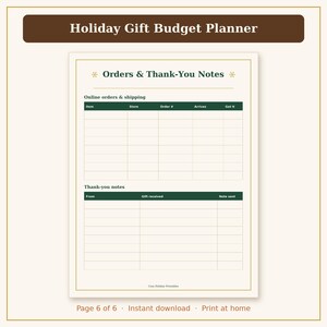 May include: A Holiday Gift Budget Planner page featuring a table for Online orders & shipping with columns for Item, Store, Order #, Arrives, and Got it, plus a Thank-you notes table with columns for From, Gift received, and Note sent.