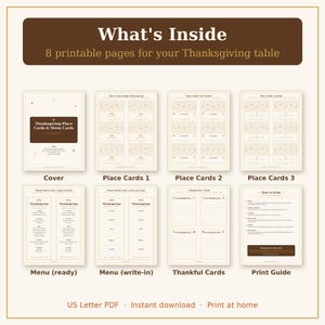 Puede incluir: Un conjunto de 8 tarjetas imprimibles para la mesa de Acci&oacute;n de Gracias que incluye portada, tarjetas de sitio, men&uacute;s, tarjetas de agradecimiento y gu&iacute;a de impresi&oacute;n. Fondo crema con texto marr&oacute;n y estrellas, formato US Letter.