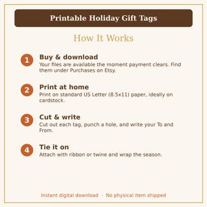 Pu&ograve; includere: Un grafico di istruzioni digitali per etichette regalo natalizie stampabili con un'intestazione marrone e quattro passaggi numerati: acquista e scarica, stampa a casa, ritaglia e scrivi, e lega. Il testo include istruzioni per i file.