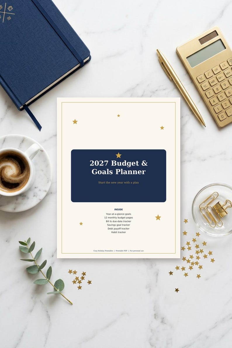 May include: A 2027 Budget & Goals Planner with a cream cover, a dark blue rectangular center, and gold star accents. The text reads 2027 Budget & Goals Planner, Start the new year with a plan, and lists features like monthly budget pages.