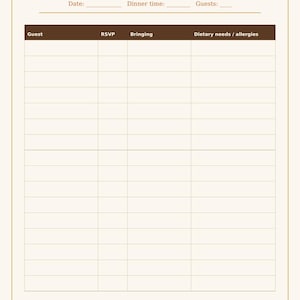 May include: A cream-colored guest list template with a brown header featuring the text Guest List and two stars. The table includes columns for Guest, RSVP, Bringing, and Dietary needs / allergies, with a footer reading Cozy Holiday Printables.