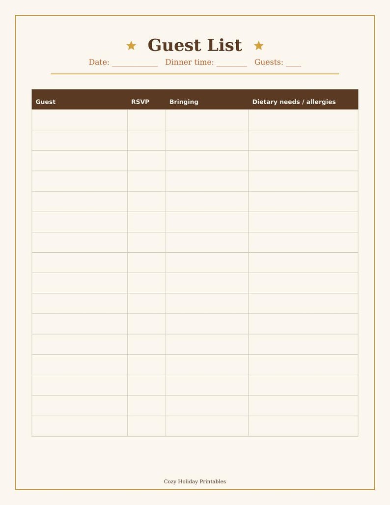 May include: A cream-colored guest list template with a brown header featuring the text Guest List and two stars. The table includes columns for Guest, RSVP, Bringing, and Dietary needs / allergies, with a footer reading Cozy Holiday Printables.