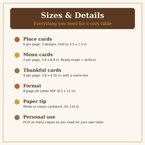 Puede incluir: Un gr&aacute;fico informativo titulado Sizes & Details que enumera especificaciones para tarjetas de lugar, men&uacute;s y tarjetas de agradecimiento. Incluye detalles de formato como un PDF de 8 p&aacute;ginas de 21,59 x 27,94 cm y consejos de papel cartulina.