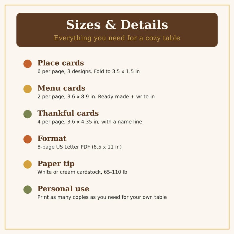 Puede incluir: Un gr&aacute;fico informativo titulado Sizes & Details que enumera especificaciones para tarjetas de lugar, men&uacute;s y tarjetas de agradecimiento. Incluye detalles de formato como un PDF de 8 p&aacute;ginas de 21,59 x 27,94 cm y consejos de papel cartulina.