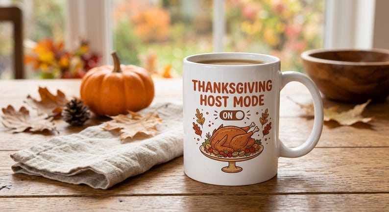 May include: A white ceramic mug featuring the text "THANKSGIVING HOST MODE ON" above an illustration of a roasted turkey on a platter, surrounded by colorful autumn leaves. The mug has a standard handle and a smooth, glossy finish.