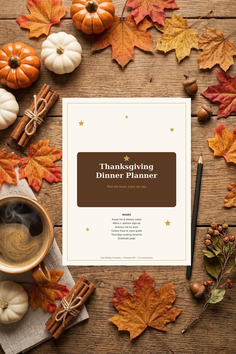 May include: A Thanksgiving Dinner Planner printable document with a dark brown central rectangle, gold star accents, and text detailing sections for guest lists, menus, grocery lists, and cooking timelines, surrounded by autumn leaves and pumpkins.
