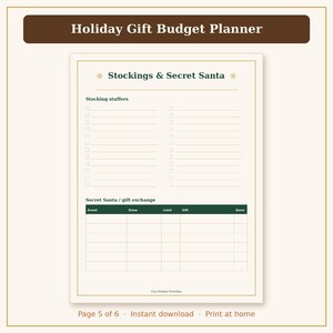 May include: A Holiday Gift Budget Planner printable page featuring a Stockings & Secret Santa section. The layout includes a checklist for stocking stuffers and a table for gift exchange events with columns for Drew, Limit, Gift, and Done.