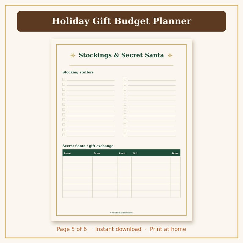 May include: A Holiday Gift Budget Planner printable page featuring a Stockings & Secret Santa section. The layout includes a checklist for stocking stuffers and a table for gift exchange events with columns for Drew, Limit, Gift, and Done.