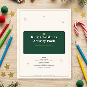 May include: A rectangular Kids' Christmas Activity Pack printable sheet with a dark green central panel, white text, and gold snowflake accents. The text lists activities including a letter to Santa, word search, maze, bingo, and certificate.