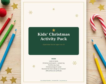 May include: A rectangular Kids' Christmas Activity Pack printable sheet with a dark green central panel, white text, and gold snowflake accents. The text lists activities including a letter to Santa, word search, maze, bingo, and certificate.
