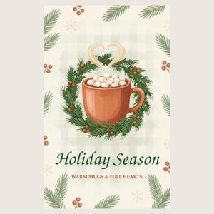 A flat whole-product shot of a sage plaid Christmas kitchen towel printed with a brown hot cocoa mug inside a pine wreath with red berries and the green script "Holiday Season" on a plain light background.