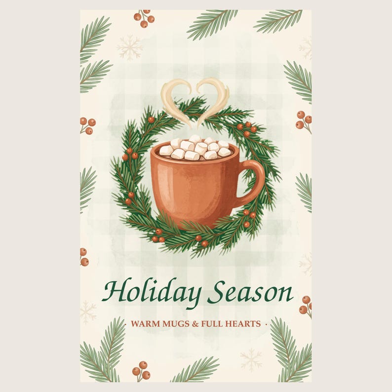 A flat whole-product shot of a sage plaid Christmas kitchen towel printed with a brown hot cocoa mug inside a pine wreath with red berries and the green script "Holiday Season" on a plain light background.