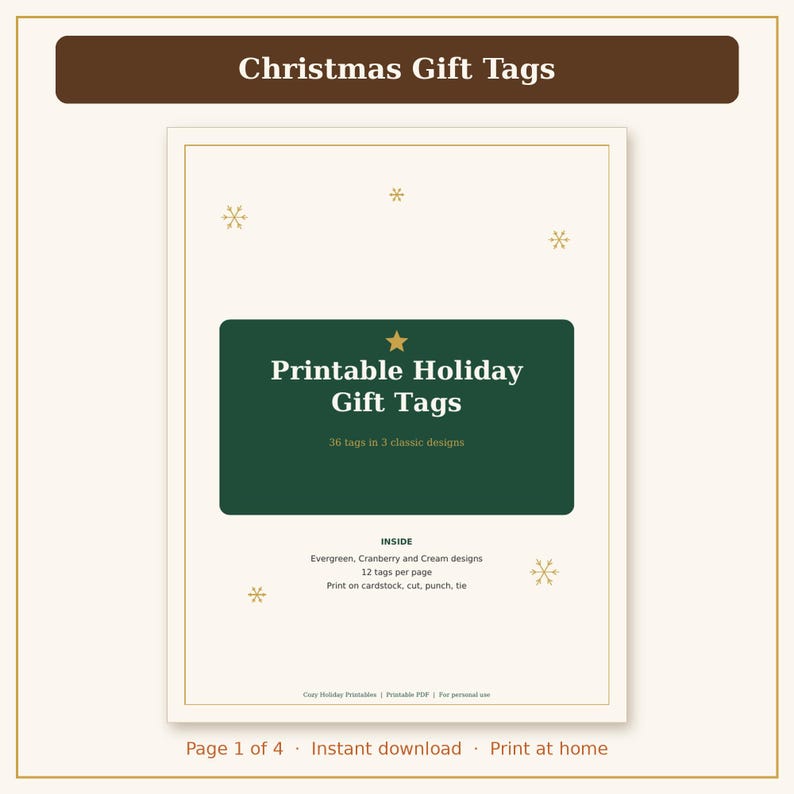 Pu&ograve; includere: Un documento digitale intitolato Christmas Gift Tags che presenta un rettangolo verde scuro con il testo Printable Holiday Gift Tags e 36 etichette in 3 design classici. La pagina include istruzioni per i design Evergreen, Cranberry e Cream.