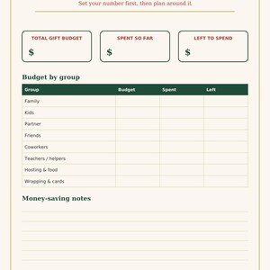 May include: A cream-colored budget overview printable sheet with dark green text and borders. It features sections for Total Gift Budget, Spent So Far, and Left to Spend, plus a table for tracking expenses by group and a section for Money-saving notes.