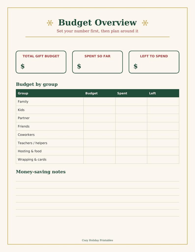 May include: A cream-colored budget overview printable sheet with dark green text and borders. It features sections for Total Gift Budget, Spent So Far, and Left to Spend, plus a table for tracking expenses by group and a section for Money-saving notes.