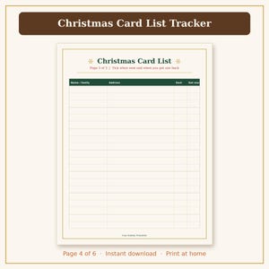 May include: A printable Christmas Card List tracker sheet with a dark green header row containing columns for Name/family, Address, Sent, and Got one. The page is titled Christmas Card List, Page 3 of 3, with snowflake icons and grid lines.
