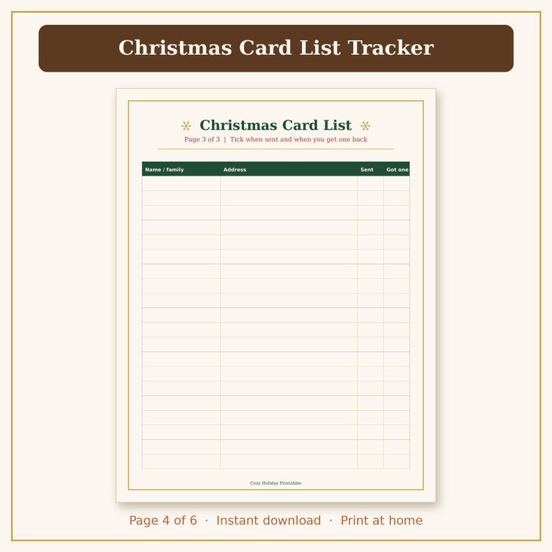 May include: A printable Christmas Card List tracker sheet with a dark green header row containing columns for Name/family, Address, Sent, and Got one. The page is titled Christmas Card List, Page 3 of 3, with snowflake icons and grid lines.